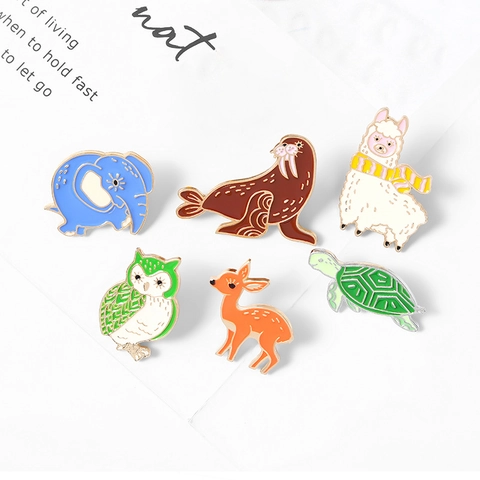 Broche en Émail Animaux Dessin Animé Alliage Éléphant Hibou Tortue Cerf Alpaga Morse Badge Pour Sac À Dos Vêtements Femmes Enfants