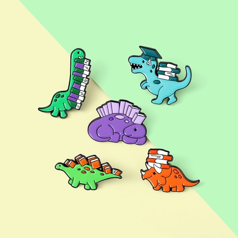 Cartoon Cute Dinosaur Reading Books Enamel Brooch Pin Creative Alloy Dinosaur Badge For Student Backpack Jacket Decoration