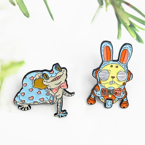 Ensemble Broches Émail Lapin Mécanique Cyberpunk et Grenouille Cœur Dessin Animé en Alliage pour Décoration Vêtements Sac à Dos