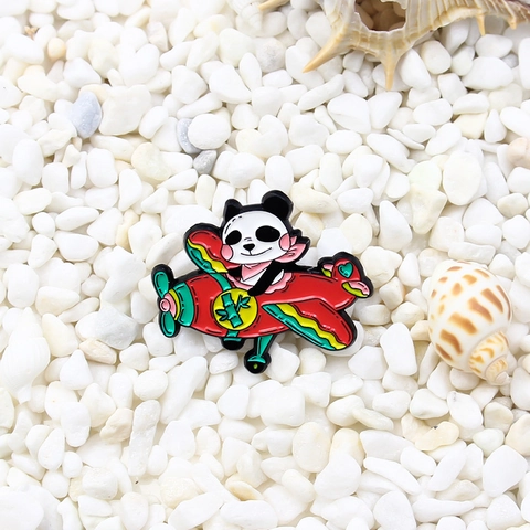 Creative Cartoon Panda Pilot Enamel Brooch Pin Red Helicopter Airplane Alloy Badge For Clothes Bag Decoration Women Kids Jewelry
