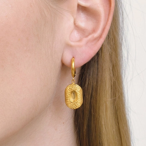 Geometrische Hoop Oorbellen 18K Verguld 304 Roestvrij Staal Gehamerd Hanger Retro Elegant Voor Vrouwen Waterdicht Kleurvast