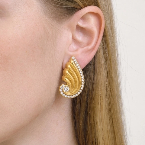 Wing Spiral Stud Earrings Stainless Steel 18K Gold Plated Rhinestone Inlaid Hypoallergenic For Women