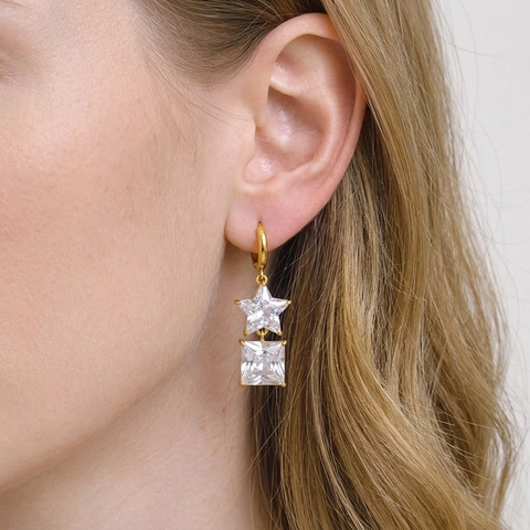 Orecchini A Cerchio In Acciaio Inossidabile Con Pendenti A Stella E Quadrato In Zircone Placcato Oro 18K Gioielli Donna