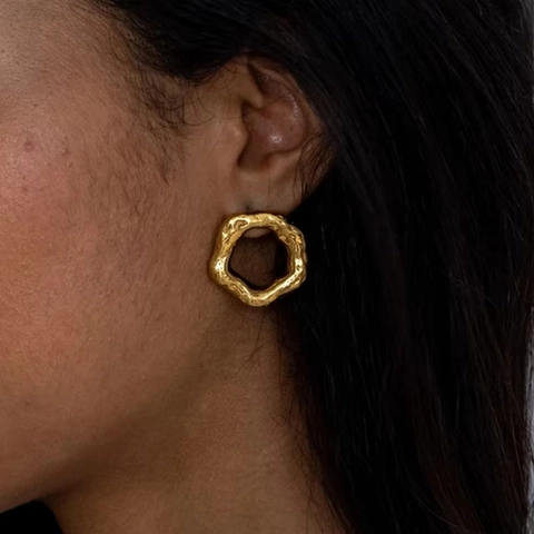 Irregular Round Earrings And Adjustable Ring Stainless Steel Gold Plated Geometric Hammered Texture Retro Fashion Jewelry Women
