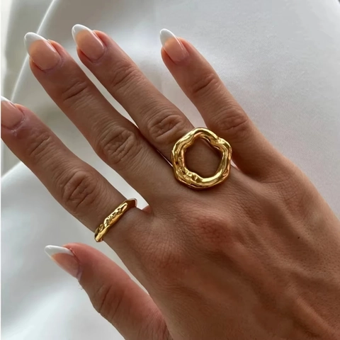 Irregular Round Earrings And Adjustable Ring Stainless Steel Gold Plated Geometric Hammered Texture Retro Fashion Jewelry Women