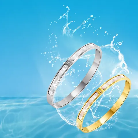 Minimalist Stainless Steel Bangle Bracelet For Women Shell Rhinestone Inlaid Gold Rose Gold Silver Waterproof Hand Jewelry