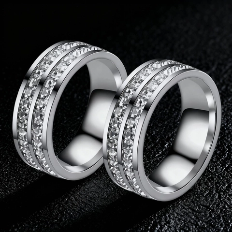 Minimalist Titanium Steel Ring For Men Women Square Cut Rhinestone Inlaid Band High Polished Stainless Steel Eternity Ring