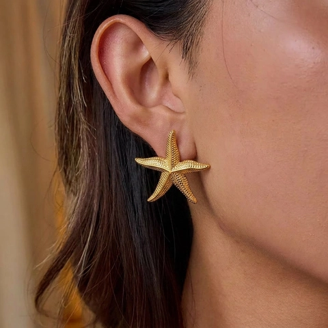 Starfish Earrings And Ring Ocean Style Gold Plated Stainless Steel Waterproof Hypoallergenic Beach Jewelry For Women