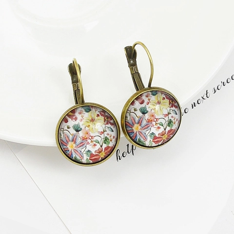 Vintage Alloy Floral Round Leverback Earrings Red Heart Rhinestone Stud Earrings For Women Bohemian Style Daily Party Jewelry