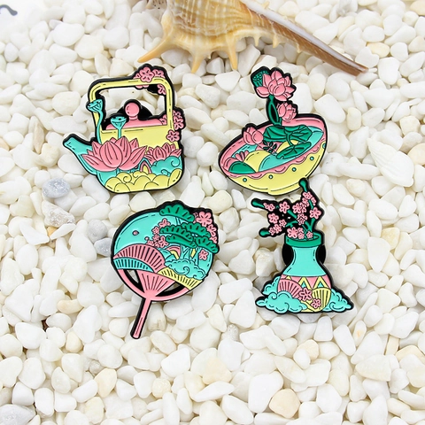 Elegant Alloy Enamel Lotus Flower Teapot Fan Bowl Brooch Pins For Women Men Vintage Oriental Style Zen Art Lapel Pin Badge Jewelry