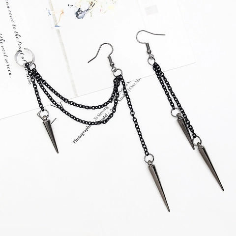 Orecchini a Clip con Catena in Lega Asimmetrici Punk Gotici Nero Argento Pendente a Punta Nappina Donna Uomo Gioielli