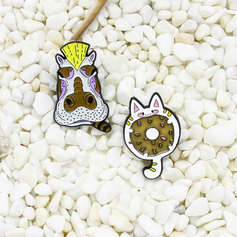 Cartoon Tier Emaille Brosche Pins Nilpferd Mit Irokesenschnitt Katze Mit Donut Legierung Reversnadel Für Damen Kinder Mode Schmuck Geschenk