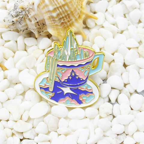 Phantasie Kaffeetasse Emaille Pin Weichemaille Legierung Brosche Mit Sternenhimmel Und Kristallspitzen Für Rucksack Kleidung Dekoration