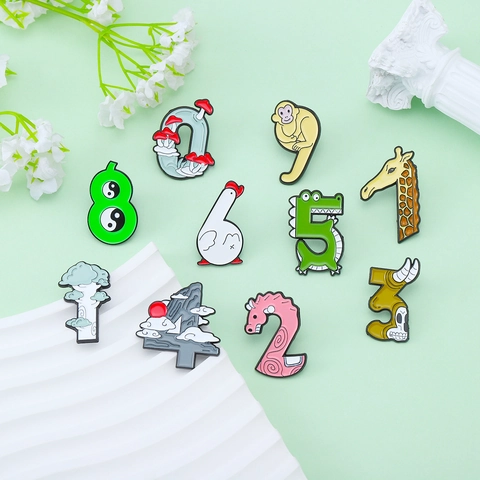 Creative Cartoon Number Enamel Brooches Set Alloy Paint Animal Landscape Numbers 0-9 Pin Badges For Clothes Backpack Decor