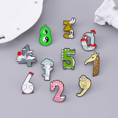 Creative Cartoon Number Enamel Brooches Set Alloy Paint Animal Landscape Numbers 0-9 Pin Badges For Clothes Backpack Decor