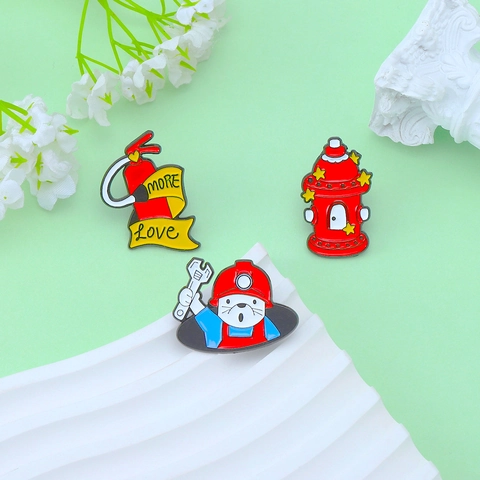 Cartoon Firefighter Enamel Brooch Zinc Alloy Fire Extinguisher Hydrant Worker Pins For Backpack Clothing Decoration Unisex Gift