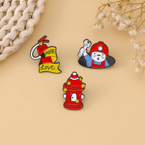Cartoon Firefighter Enamel Brooch Zinc Alloy Fire Extinguisher Hydrant Worker Pins For Backpack Clothing Decoration Unisex Gift