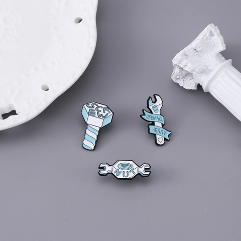 Creative Alloy Enamel Tool Brooch Pin Open Your Heart Wrench Screw Nut Blue White Badge For Backpack Clothing Jacket