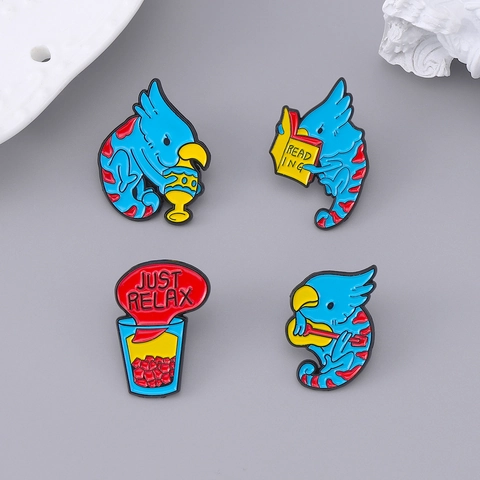 Cartoon Blue Parrot Enamel Pin Set Cute Animal Reading Playing Guitar Just Relax Zinc Alloy Brooch Badge For Backpack Decor