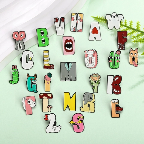 Creative 26 Letters A-Z Enamel Brooches Cartoon Animal Plant Pattern Zinc Alloy Lapel Pins For Backpack Clothing Decoration Fun Jewelry Gift