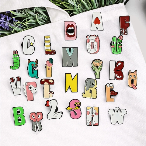 Creative 26 Letters A-Z Enamel Brooches Cartoon Animal Plant Pattern Zinc Alloy Lapel Pins For Backpack Clothing Decoration Fun Jewelry Gift
