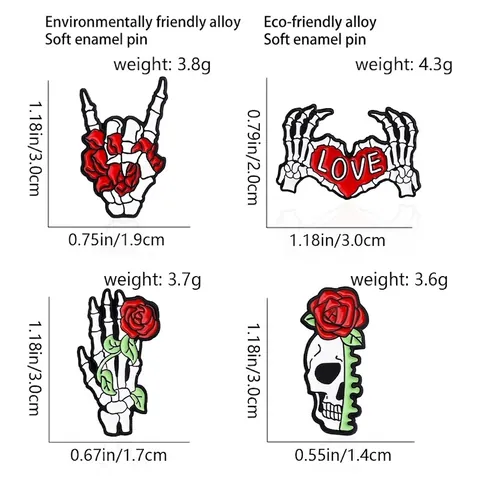 Broche en Émail Squelette Rose Gothique Punk Alliage de Zinc Coeur Rock Geste Pins Pour Halloween Costume Sac à Dos Bijoux