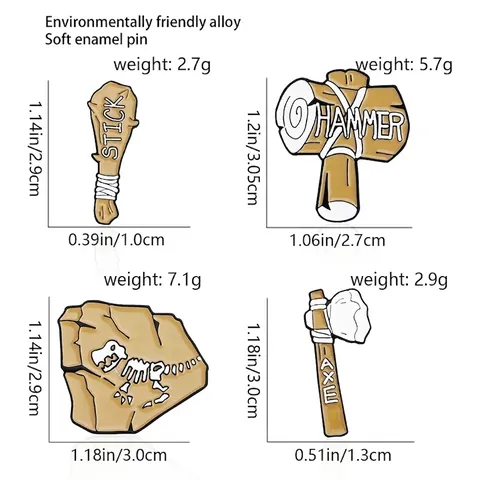 Prehistoric Dinosaur Fossil Enamel Pin Set Cartoon Stone Axe Wood Hammer Stick Alloy Brooches For Clothing Backpack Decor