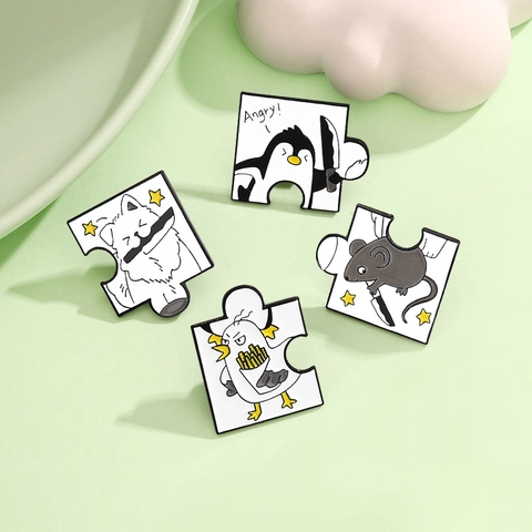 Ensemble de Broches en Émail d'Animaux de Dessins Animés Drôles Forme de Pièce de Puzzle Manchot Chien Poussin Souris Tenant un Couteau Épingles pour Sac à Dos Bijoux Cadeau