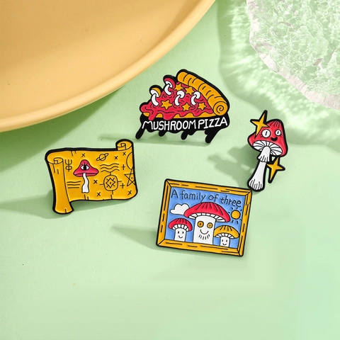 Colección de Broches de Esmalte de Seta Divertida Aleación de Zinc Vintage TV Pizza Marco Mapa Insignias de Dibujos Animados para Mochila Ropa Unisex
