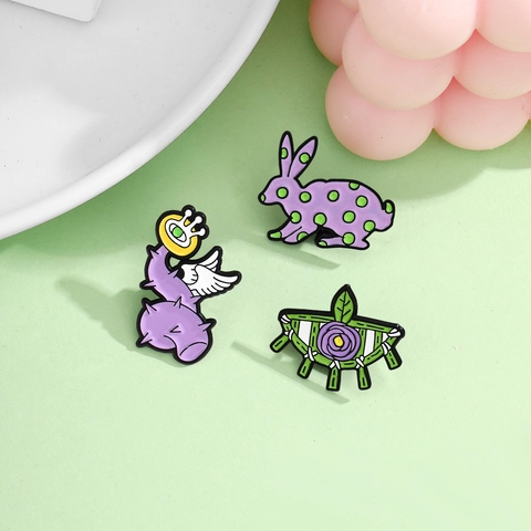 Cartoon Alloy Enamel Brooch Pin Purple Rabbit Polka Dot Rose Winged Eye Badges For Backpack Decoration Accessories