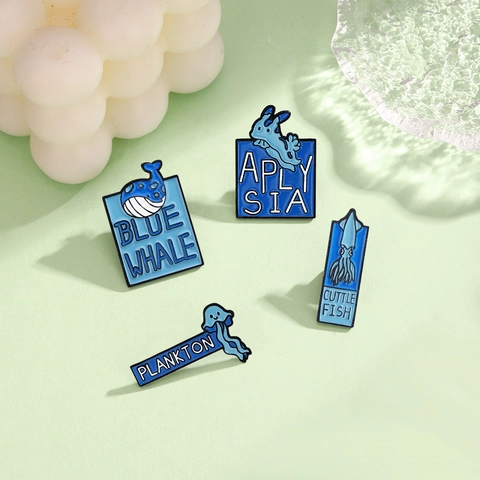 Cartoon Marine Life Alloy Enamel Pin Blue Whale Jellyfish Sea Hare Cuttlefish Brooch For Clothes Backpack Decoration Gift