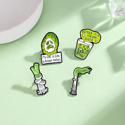 Funny Cartoon Bitter Melon Scallion Enamel Brooch Pin Alloy Vegetable Badge With Quote Fashion Jewelry Gift For Unisex