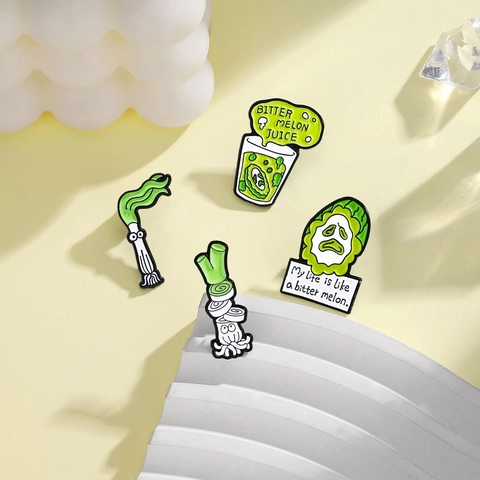 Funny Cartoon Bitter Melon Scallion Enamel Brooch Pin Alloy Vegetable Badge With Quote Fashion Jewelry Gift For Unisex