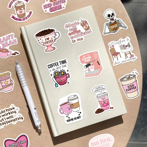 Adesivi in PVC a Tema Caffè Cartoni Animati Impermeabili Decalcomanie Fai da Te per Laptop Valigia Chitarra Notebook
