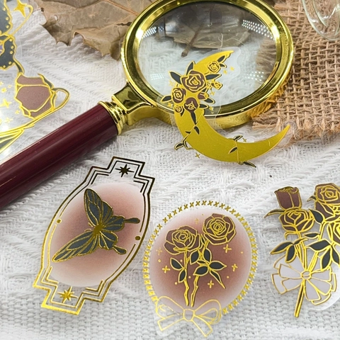 Adesivi Vintage in PET con Rosa Foglia d'Oro Trasparenti Impermeabili per Scrapbooking Diario Laptop Chitarra Decorazione