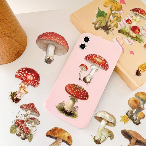 Vintage Mushroom Stickers Waterproof PET Decals For Scrapbooking Laptop Guitar Phone Case Botanical Illustration Decoration