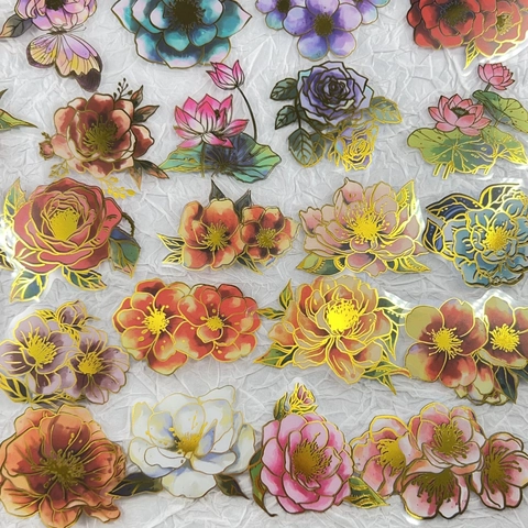 Elegant Floral Gold Foil PET Stickers Waterproof Transparent Flower Butterfly Decorative Decals For Scrapbooking DIY Craft