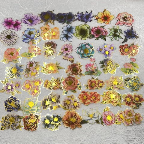 Elegant Floral Gold Foil PET Stickers Waterproof Transparent Flower Butterfly Decorative Decals For Scrapbooking DIY Craft
