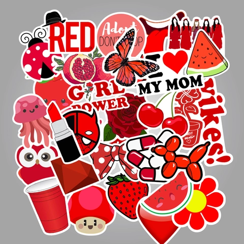 Set di Adesivi Estetici Rossi per Laptop Valigia Bottiglia d'Acqua Impermeabile Serie Rossa Cartone Animato Graffiti per Ragazze