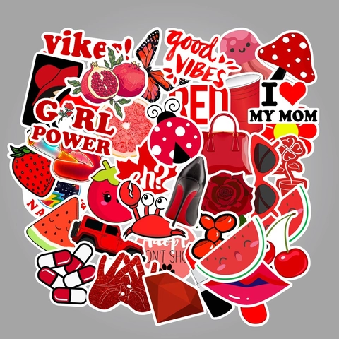 Set di Adesivi Estetici Rossi per Laptop Valigia Bottiglia d'Acqua Impermeabile Serie Rossa Cartone Animato Graffiti per Ragazze
