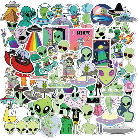 Adesivi in Vinile Impermeabili a Tema Alieno 50 Disegni Assortiti per Laptop Bagaglio Skateboard Estetico Cartoon UFO Graffiti