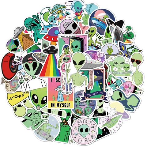Adesivi in Vinile Impermeabili a Tema Alieno 50 Disegni Assortiti per Laptop Bagaglio Skateboard Estetico Cartoon UFO Graffiti