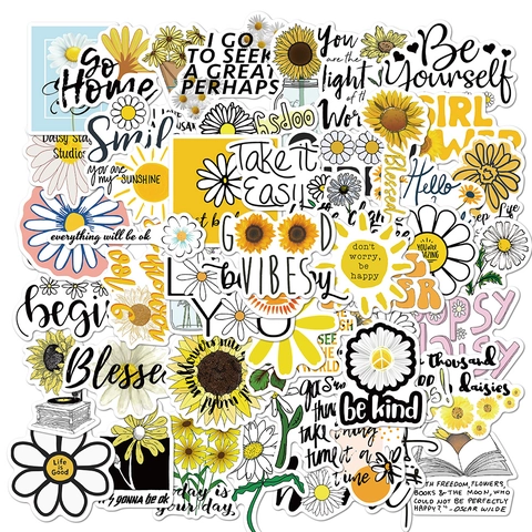 Waterproof PVC Daisy Sunflower Stickers Positive Slogan Doodle Decals For Laptop Suitcase Guitar Journal Scrapbook Decoration