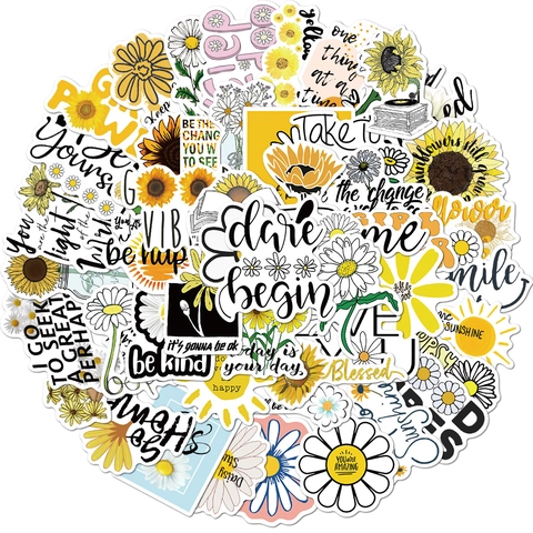 Waterproof PVC Daisy Sunflower Stickers Positive Slogan Doodle Decals For Laptop Suitcase Guitar Journal Scrapbook Decoration