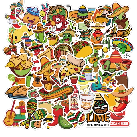 Adesivi Graffiti Cibo Stile Messicano Impermeabili in PVC Cartoni Animati per Laptop Bagaglio Chitarra Bottiglia d'Acqua Adesivi Decorativi