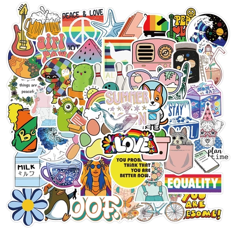50Pcs Waterproof Cartoon Doodle Stickers For Laptop Luggage Water Bottle VSCO Girl Aesthetic Colorful Vinyl Decals Set