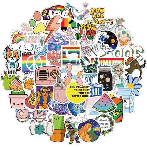 50Pcs Waterproof Cartoon Doodle Stickers For Laptop Luggage Water Bottle VSCO Girl Aesthetic Colorful Vinyl Decals Set