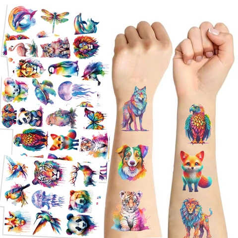Aquarell Tiere Temporäre Tattoo Aufkleber Für Kinder Wasserdicht Einweg Cartoon Löwe Tiger Panda Tattoo Papier Für Party