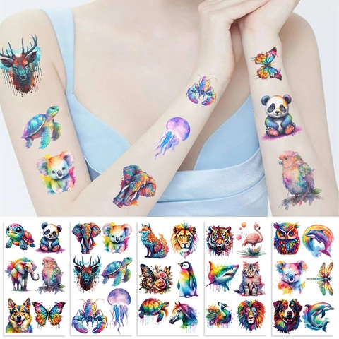 Aquarell Tiere Temporäre Tattoo Aufkleber Für Kinder Wasserdicht Einweg Cartoon Löwe Tiger Panda Tattoo Papier Für Party