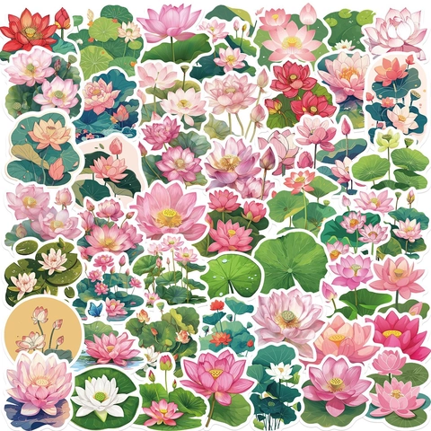 50 Stück Rosa Lotus Cartoon Aufkleber Wasserdichte Blumen Decals Für Laptop Gepäck Notizbuch DIY Dekorative PVC Sticker Für Mädchen